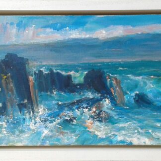 painting of rocks on the West-Bank of Lough Foyle during stormy weather, painted in oil on a deep-edge canvas and set in a white tray frame.